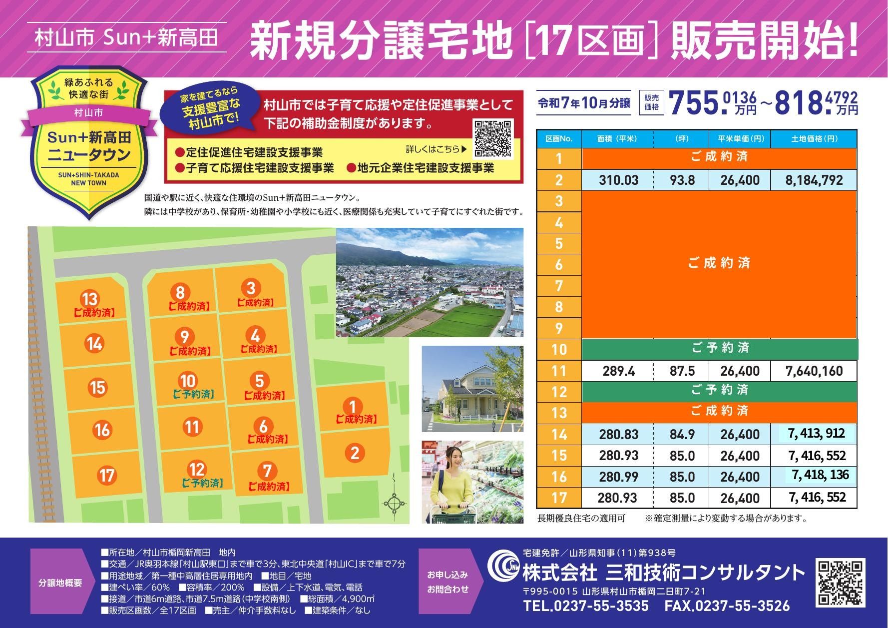 Sun+新高田の区画図。全17区画の割付と区画ごとの面積・価格・販売状況