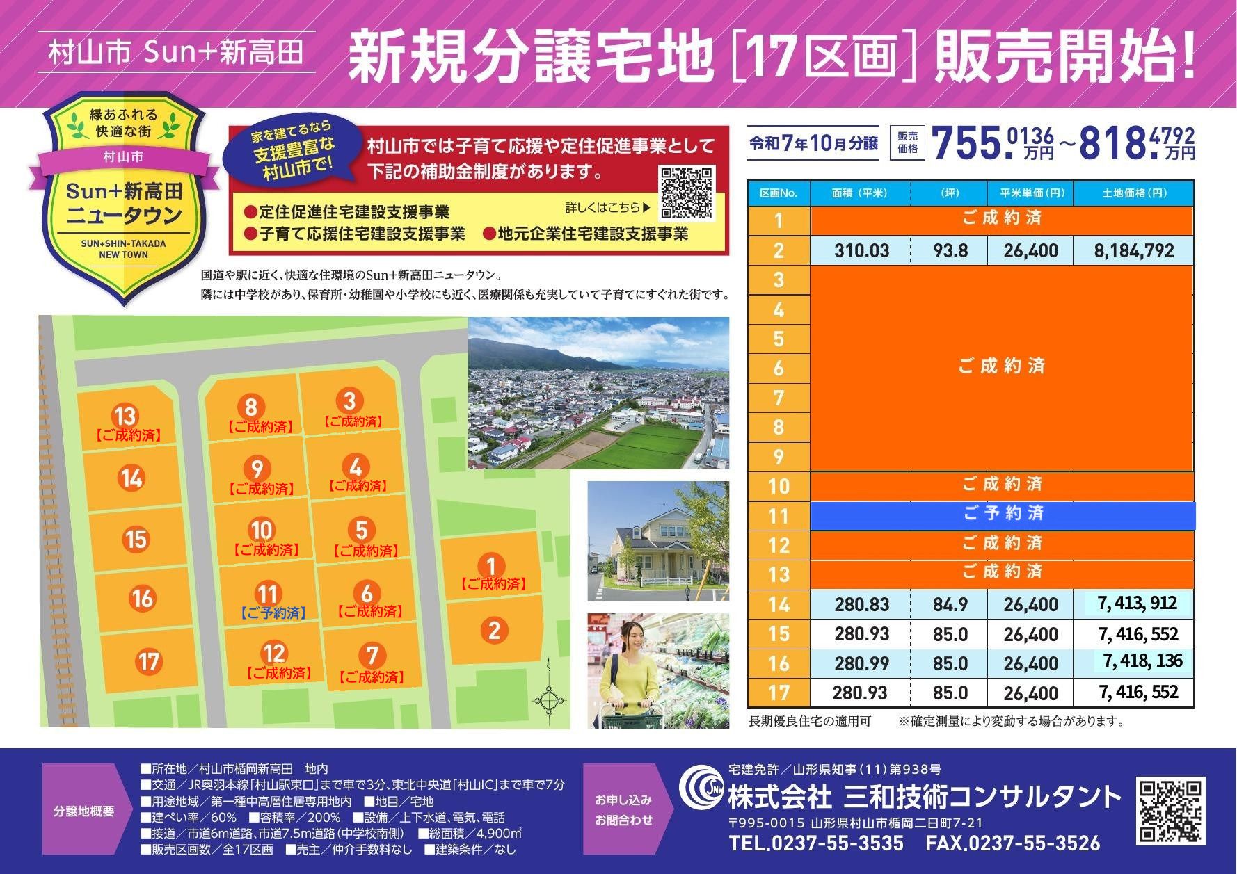 Sun+新高田の区画図。全17区画の割付と区画ごとの面積・価格・販売状況